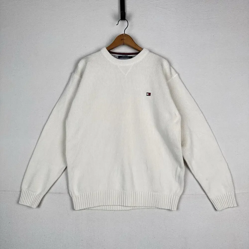 Vintage Tommy Hilfiger Men's Knit Cotton Crewneck Sweater Large White - Picture 1 of 9